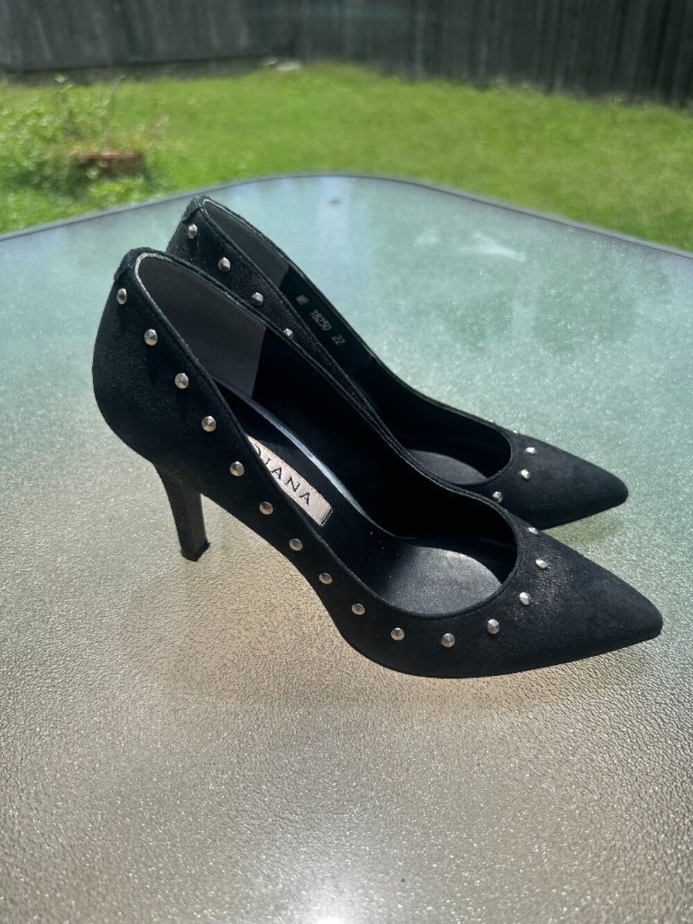 Diana Size 4.5/5 (22cm) Shimmery Black Suede w/ Silver Metal Studs 3.5-in Heels